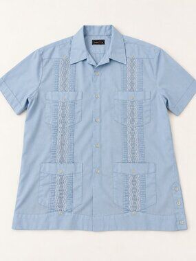 Vintage Youngbloods Blue Guayabera Shirt Men Approx XL 4 Pocket Tonal Lace